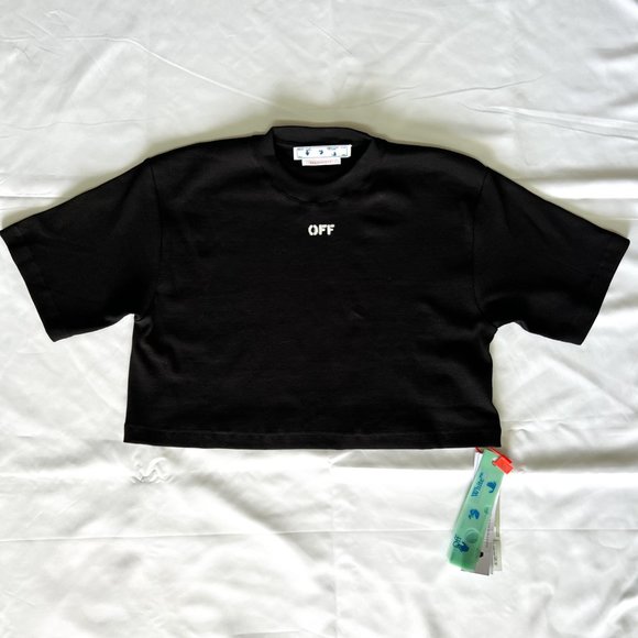 Off-White Black Logo Stamp-Print Ribbed Crop Tee - Picture 2 of 8